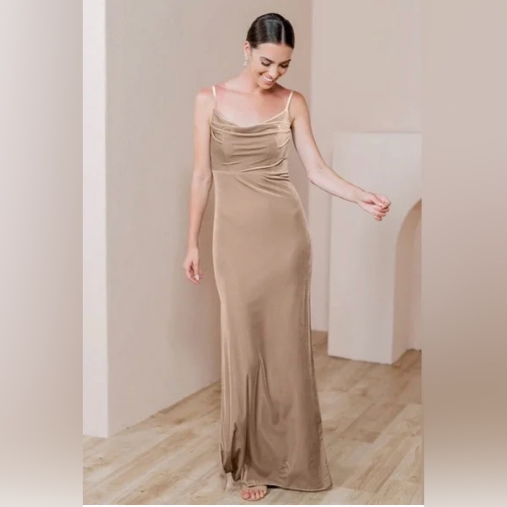 REVERLY Skye Velvet Champagne Cowl Neck Maxi Dress Bridesmaid Size 14 WORN ONCE